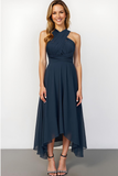 Navy Chiffon A Line Halter Maxi Bridesmaid Dress