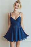 Navy Chiffon A Line Spaghetti Straps Short Bridesmaid Dress