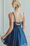 Navy Chiffon A Line Spaghetti Straps Short Bridesmaid Dress
