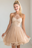 Light Pink Halter A Line Flowy Short Bridesmaid Dress with Bow