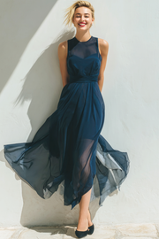 Navy Chiffon Flowy A Line Maxi Bridesmaid Dress