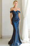 Navy Satin Mermaid Off the Shoulder Long Wedding Guest Dress