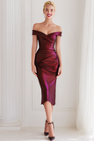 Navy Satin Sheath Ruched Off the Shoulder Midi Wedding Guest Dress