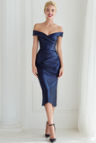 Navy Satin Sheath Ruched Off the Shoulder Midi Wedding Guest Dress