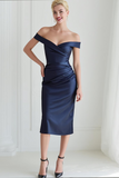 Navy Satin Sheath Ruched Off the Shoulder Midi Wedding Guest Dress