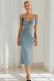 Dusty Blue Satin Sheath Cold Shoulder Midi Bridesmaid Dress
