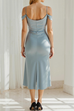 Dusty Blue Satin Sheath Cold Shoulder Midi Bridesmaid Dress