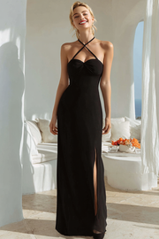 Black Chiffon Sheath Halter Long Bridesmaid Dress with Slit