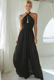 Black Chiffon Backless Halter A Line Maxi Bridesmaid Dress
