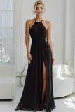 Black Chiffon Halter A Line Long Bridesmaid Dress with Slit