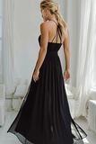 Black Chiffon Halter A Line Long Bridesmaid Dress with Slit