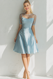 Sky Blue Satin A Line Illusion Neck Short Bridesmaid Dress