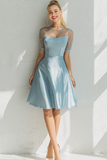 Sky Blue Satin A Line Illusion Neck Short Bridesmaid Dress