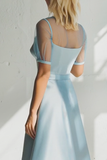 Sky Blue Satin A Line Illusion Neck Short Bridesmaid Dress