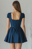 Navy A Line Square Neck Short Bridesmaid Dress with Sleeves
