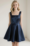 Navy Satin A Line Square Neck Short Bridesmaid Dress