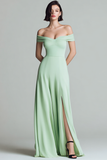 Simple Light Green Chiffon A Line Off the Shoulder Maxi Bridesmaid Dress with Slit