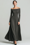 Black Chiffon A Line Off the Shoulder Long Wedding Guest Dress with Sleeves