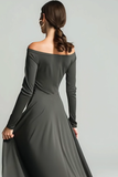 Black Chiffon A Line Off the Shoulder Long Wedding Guest Dress with Sleeves
