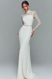 White Mermaid High Neck Maxi Wedding Reception Dress with Beading