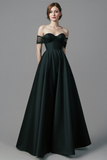Simple Black Satin A Line Off the Shoulder Long Wedding Guest Dress