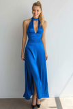 Royal Blue Satin A Line Halter Long Formal Dress with Slit