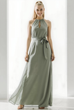 Sage Green Chiffon A Line Halter Maxi Bridesmaid Dress with Sash