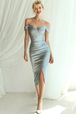 Dusty Blue Satin Sheath Off the Shoulder Midi Wedding Guest Dress with Slit