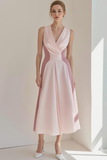 Pink Satin V Neck A Line Long Wedding Guest Dress