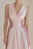 Pink Satin V Neck A Line Long Wedding Guest Dress