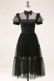 Black A Line Collar Neck Tulle Midi Cocktail Dress with Sleeves