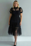 Plus Size Black A Line Collar Neck Midi Tulle Cocktail Dress