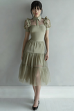 Black Tulle A Line Collar Neck Midi Cocktail Dress