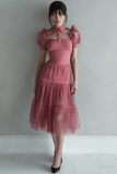 Black Tulle A Line Collar Neck Midi Cocktail Dress