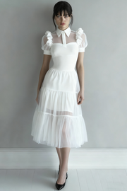 White Tulle A Line Collar Neck Midi Registry Office Wedding Dress
