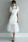 Leely Women White Tulle A Line Midi Bridal Shower Dress Collar Neck Puff Sleeves Registry Office Wedding Dress