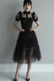 Black Tulle A Line Collar Neck Midi Cocktail Dress