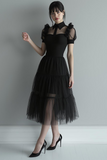 Black Tulle A Line Collar Neck Midi Cocktail Dress