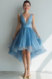 Blue A Line Deep V-Neck High Low Cocktail Dress with Ruffles