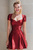 Red Satin A Line Sweetheart Short Cocktail Dress with Sleeves