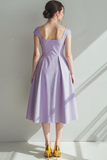Lilac Satin A Line Square Neck Midi Bridesmaid Dress with Sleeves