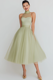Light Green High Neck A Line Midi Flowy Wedding Guest Dress