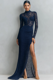 Navy Lace Mermaid High Neck Maxi Formal Dress with Sleeves