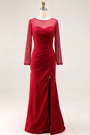 Cabernet Ruched Long Mermaid Illusion Neck Formal Dress with Silt