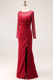 Cabernet Ruched Long Mermaid Illusion Neck Formal Dress with Silt