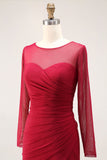 Cabernet Ruched Long Mermaid Illusion Neck Formal Dress with Silt