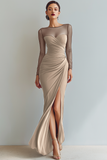 Navy Ruched Mermaid Illusion Neck Maxi Formal Dress with Silt