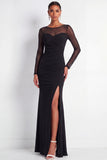 Cabernet Ruched Mermaid Illusion Neck Long Formal Dress with Silt