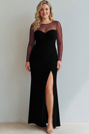 Plus Size Black Mermaid Ruched Illusion Neck Maxi Formal Dress with Silt