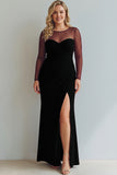 Plus Size Black Mermaid Ruched Illusion Neck Maxi Formal Dress with Silt